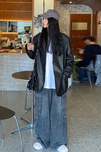 中性风秋装 美式高街夹克复古皮衣西装休闲外套男女H878 P98图片