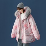 中性風(fēng)冬裝涂鴉熊大毛領(lǐng)加厚情侶棉衣oversize外套H577P138女類，女裝羽絨服，電商A341