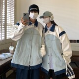 情侣装秋装设计高级小众牛仔外套拼接皮情侣夹克H755P108女，女装短外套，电商A341