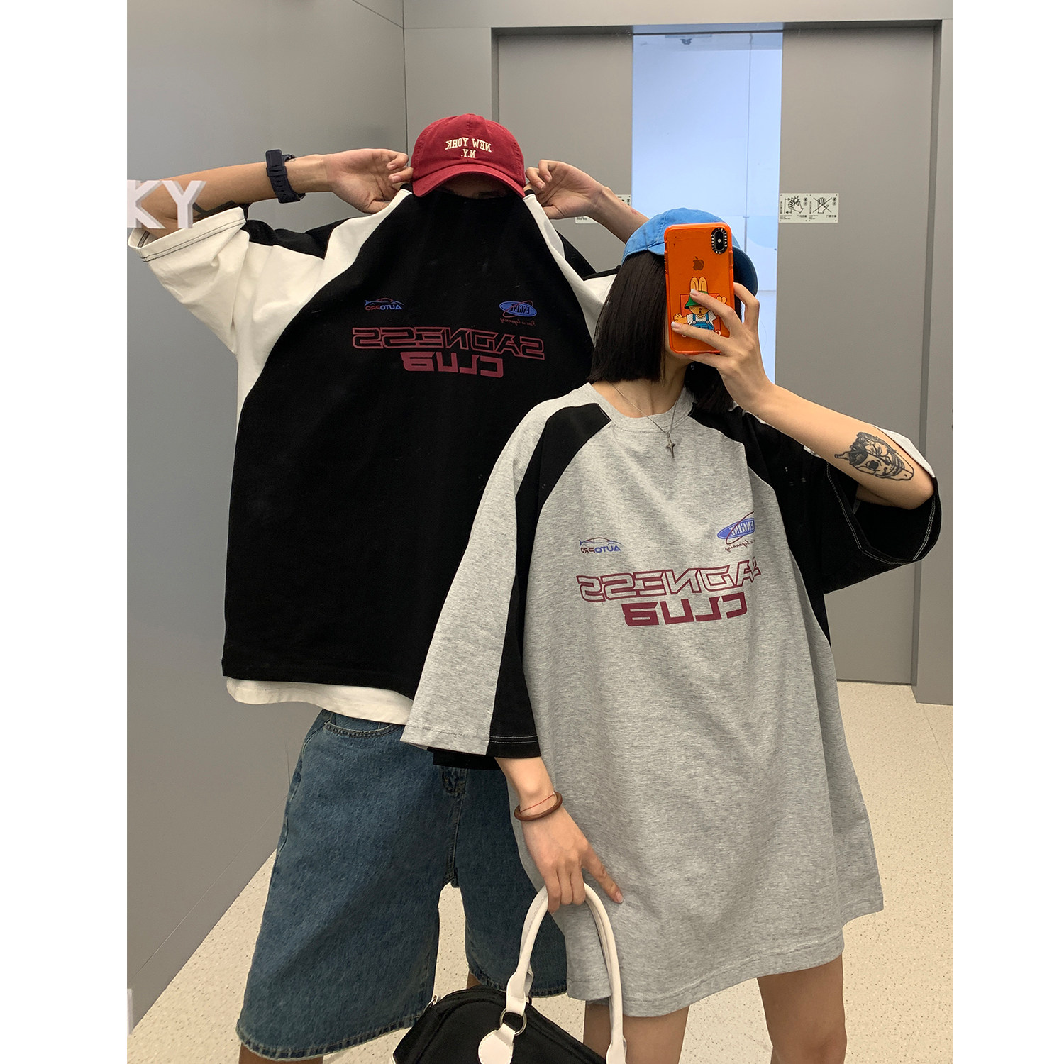 2023潮街头插肩袖撞色赛车服情侣短袖T恤印花上衣男H834P38,男装T恤,电商A341