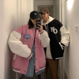 主推情侣装毛呢拼接PU皮棒球服毛巾绣情侣夹克棉衣H678P118女类，女装短外套，电商A341