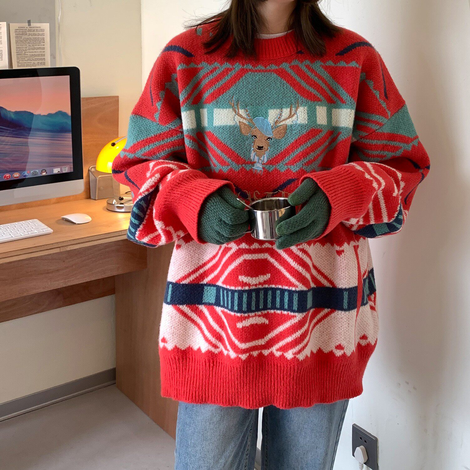 主推情侣装冬装圣诞小鹿绣花情侣毛衣加厚外套H696P78女类,针织衫/毛衣,电商A341