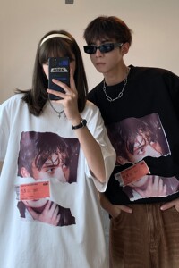 情侣装夏装 美式复古人像印花情侣短袖T恤衫宽松上衣 H740P30女类图片