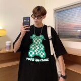 港风夏装棋盘格小熊印花情侣短袖T恤宽松半袖H719P30女类，男装T恤，电商A341