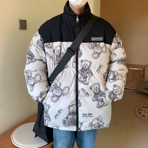 主推 情侣装冬装 涂鸦熊卡通拼接情侣棉衣加厚外套 H691 P128男类图片