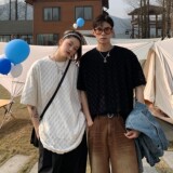 情侣装夏装棋盘格bv绿情侣短袖T恤衫宽松大码上衣H729P40女类，男装T恤，电商A341