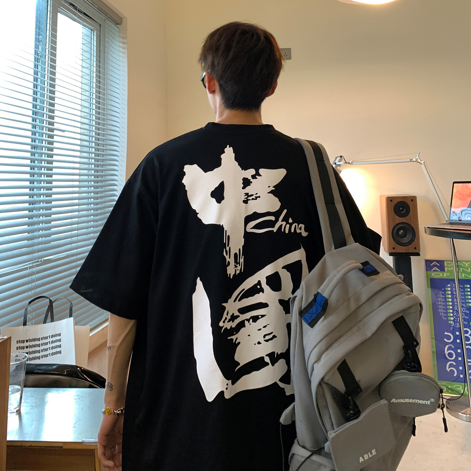 港风夏装印花情侣短袖T恤衫大码宽松圆领上衣H738P30男类,男装T恤,电商A341