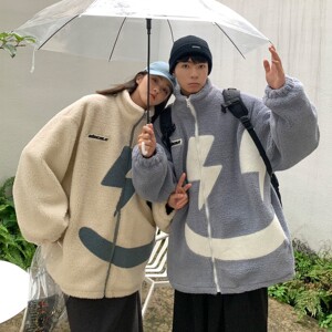 情侣装冬装 绣花笑脸羊羔毛情侣棉衣加厚外套 H679 P118控148男类图片