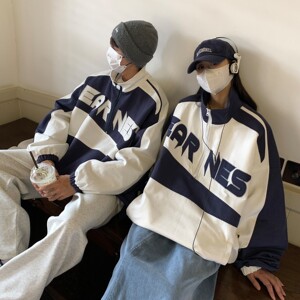 情侣装秋装潮牌美式套头情侣夹克宽松拼接刺绣外套 H756 P98 女图片