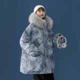 中性风冬装涂鸦熊大毛领加厚情侣棉衣oversize外套H577P138女类，女装羽绒服，电商A341