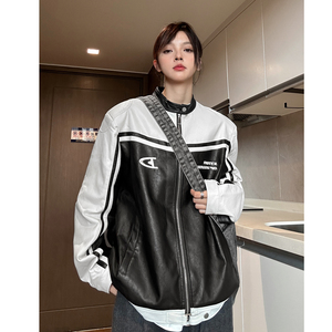 美式复古拼接pu机车服情侣加厚皮衣夹克棉衣外套男女H897 P118图片