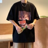 港风夏装美式复古人像印花情侣短袖T恤衫宽松上衣H740P30女类，男装T恤，电商A341