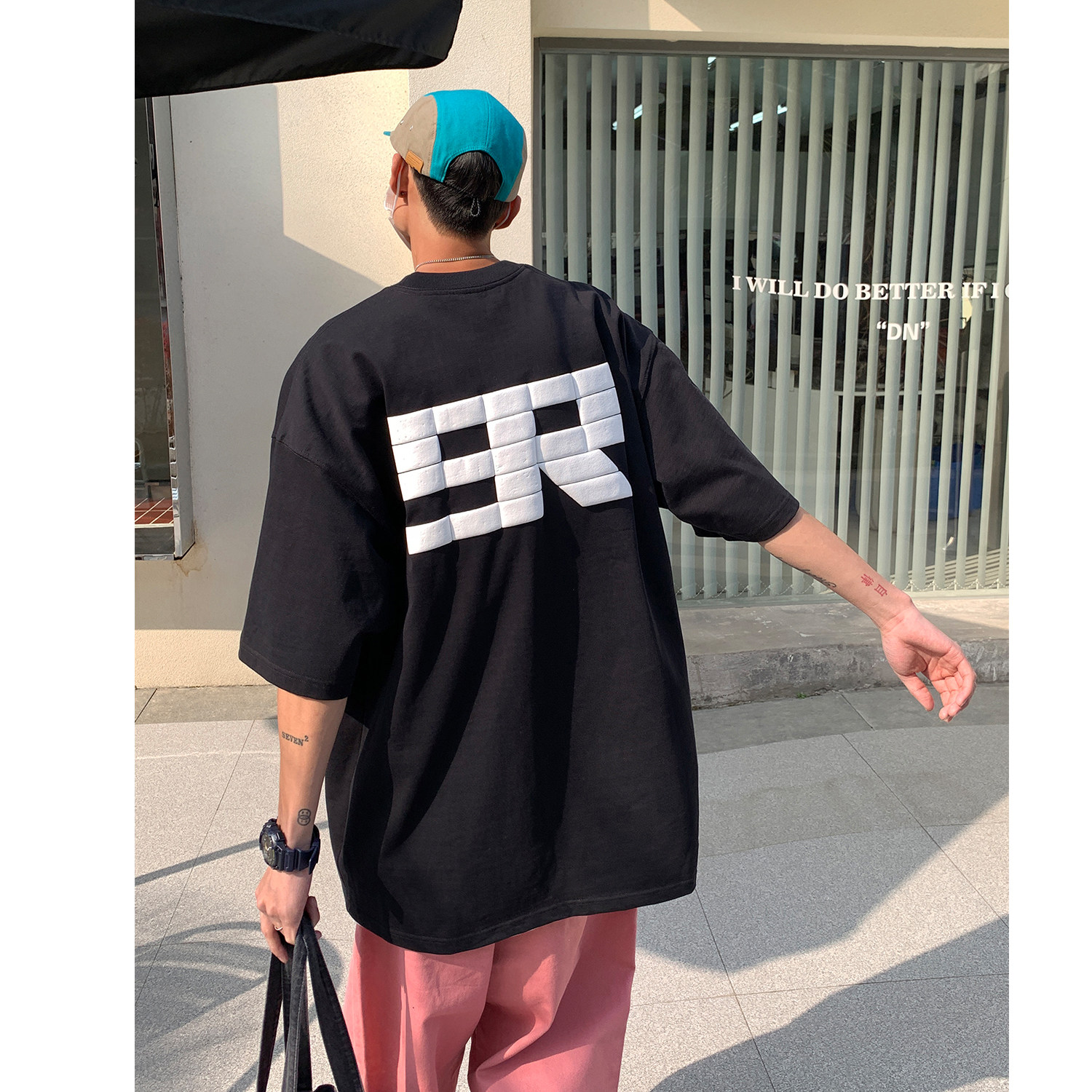 2023夏装潮美式发泡印花情侣短袖T恤重磅宽松体恤男H826P30,男装T恤,电商A341