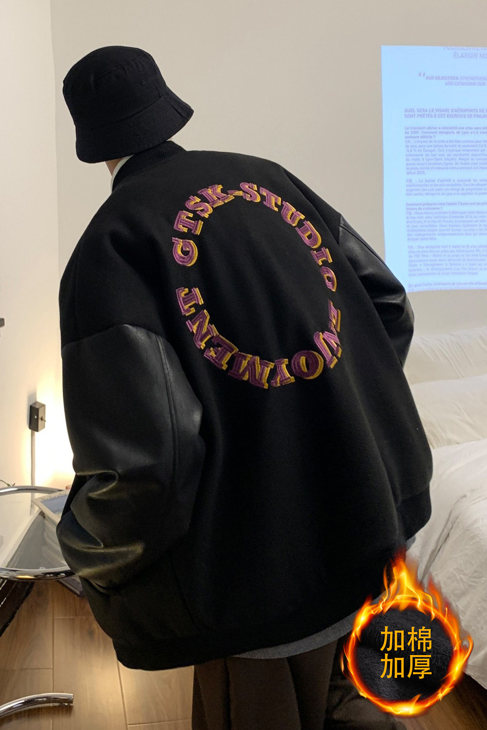 情侣装毛呢拼接PU皮棒球服夹克情侣棉衣加厚外套H572-1P125男类,男装棉衣,电商A341
