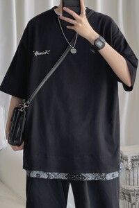 短句 22夏季新品 腰果花拼接短袖T恤男港风半袖 H610 P35图片