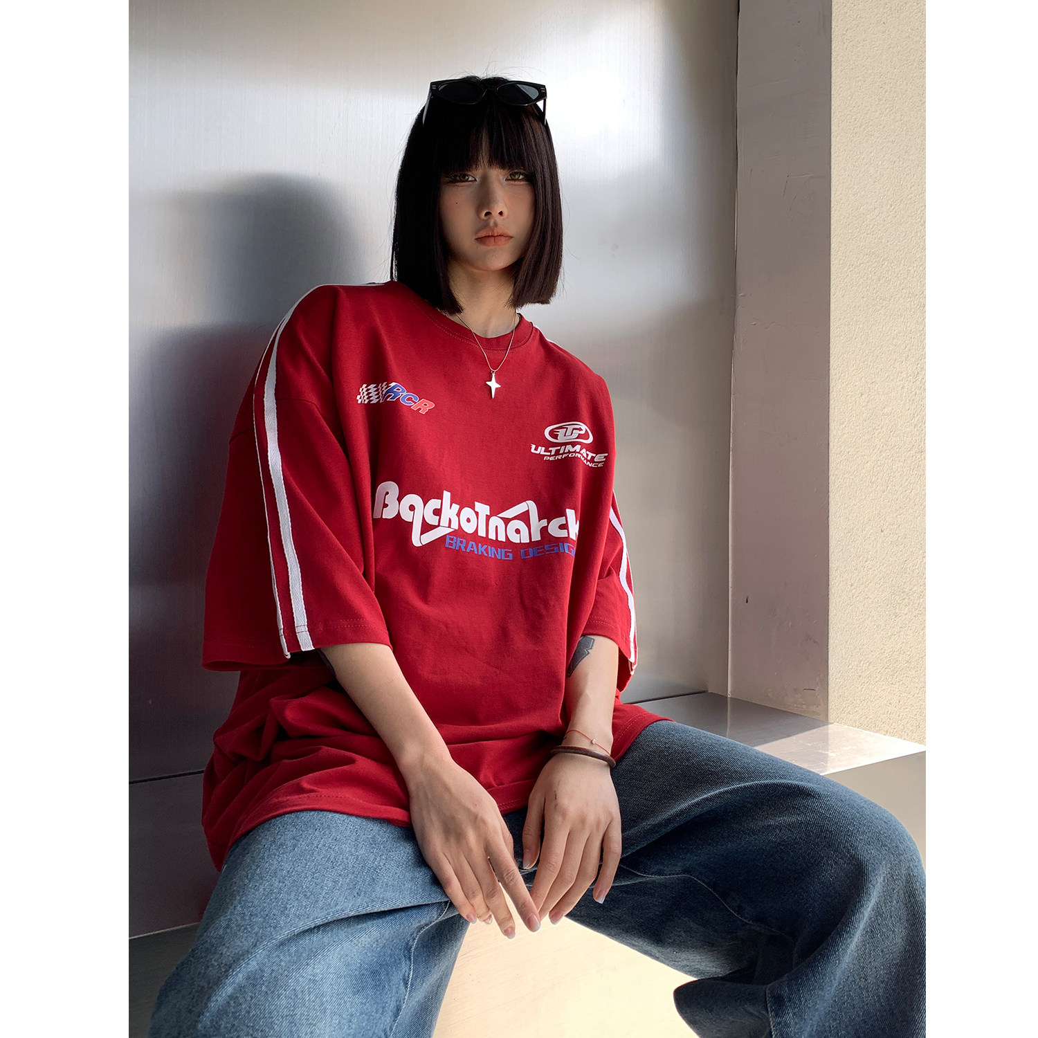 2023高街赛车服织带圆领情侣短袖T恤衫宽松运动服男H829P38,男装T恤,电商A341
