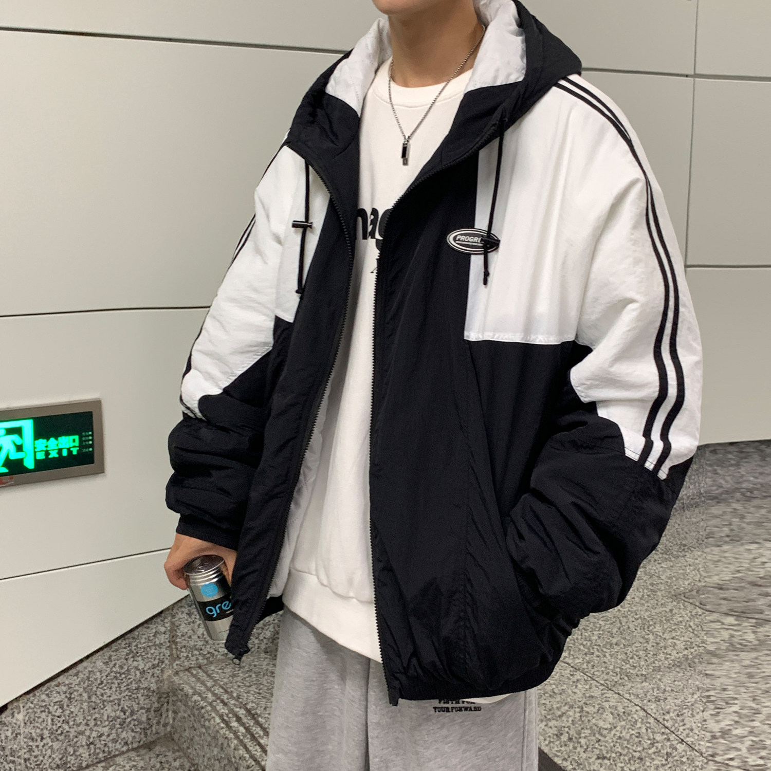 冬装拼接棉服运动风连帽情侣棉衣外套H573P118控148男类,男装棉衣,电商A341