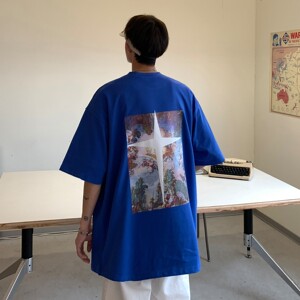 港风新品 油画印花十字架情侣短袖T恤潮牌宽松 H739 P30女类图片