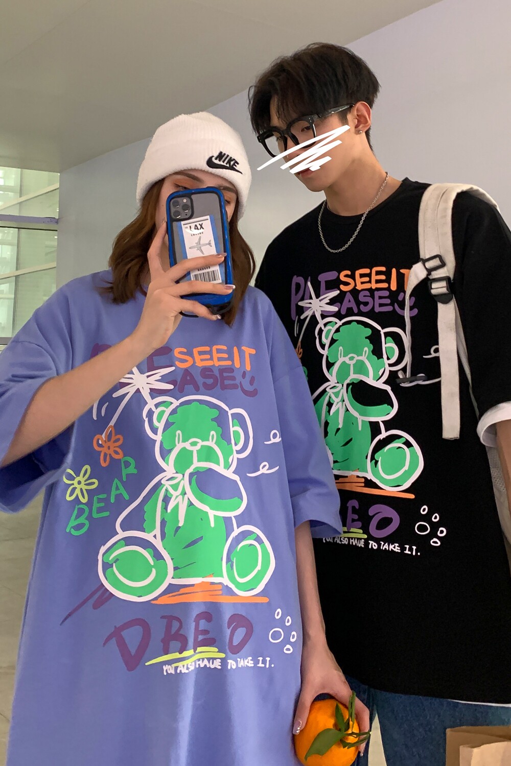情侣装夏装新涂鸦熊印花情侣短袖T恤宽松圆领半袖H608P35女类,女装T恤,电商A341