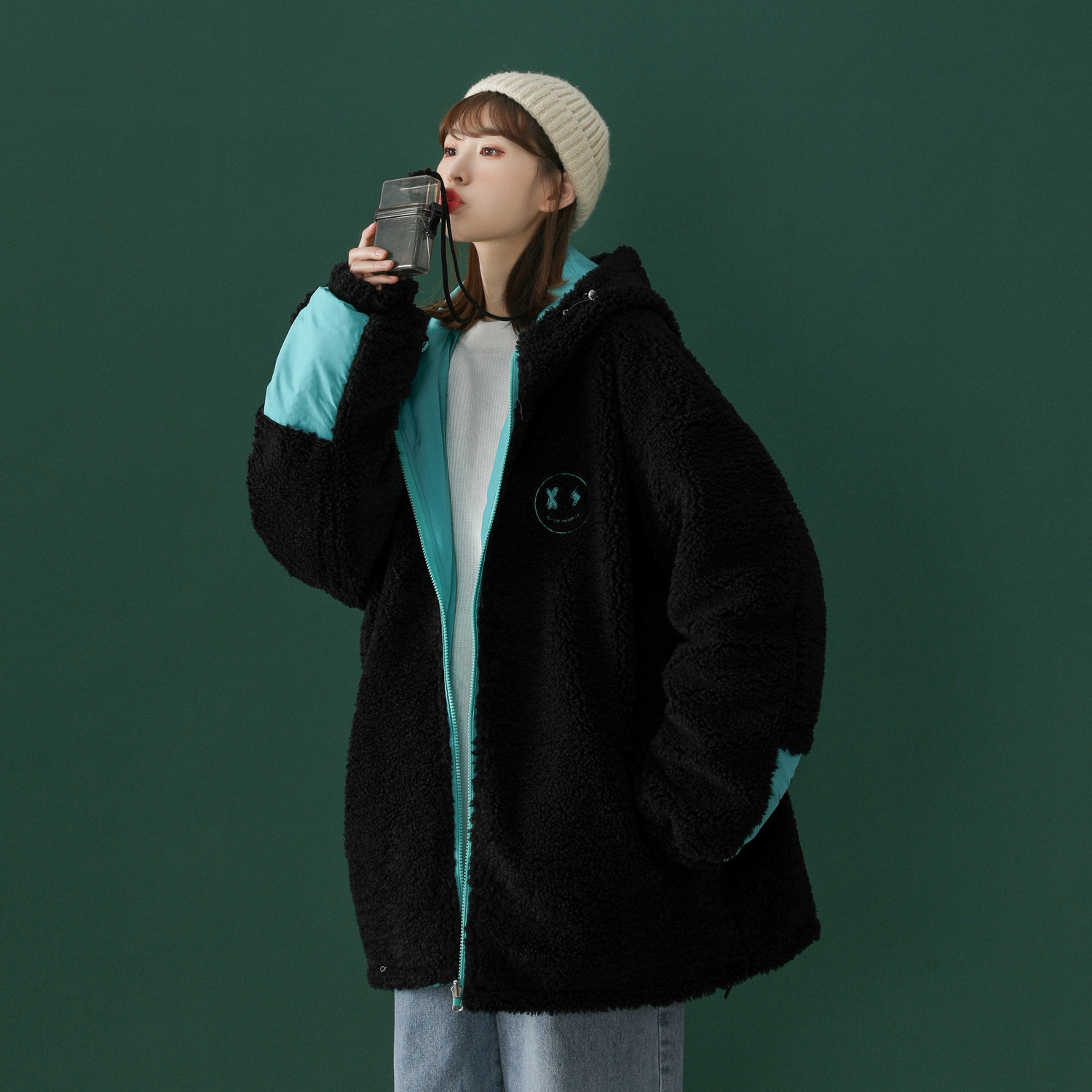 中性风羊羔毛绣花撞色情侣棉衣外套oversize棉服H576P128男类,男装棉衣,电商A341