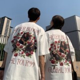 港风夏装复古玫瑰花印花情侣短袖T恤衫大码宽松H743P30女类，男装T恤，电商A341