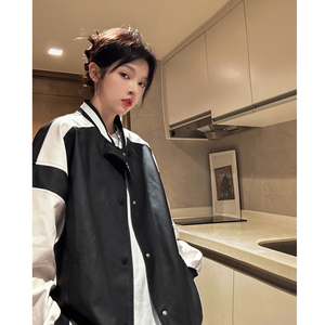 中性风秋装 美式复古撞色机车皮衣棒球服夹克外套男女H887 P108图片