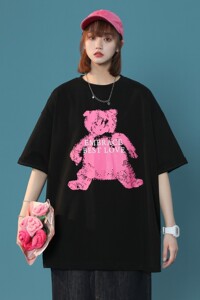 中性风夏装 手绘小熊印花短袖T恤ins宽松半袖上衣 H720 P30女类图片