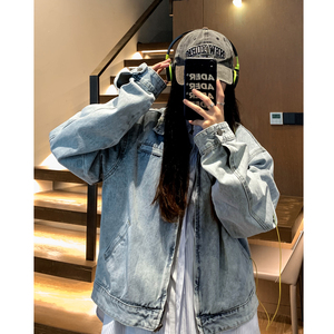 中性秋装 水洗美式垫肩短款复古情侣牛仔夹克上衣外套男女H877P98图片