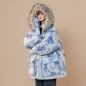 中性风冬装 手绘熊大毛领加厚情侣棉衣面包服 H698 P138女类图片