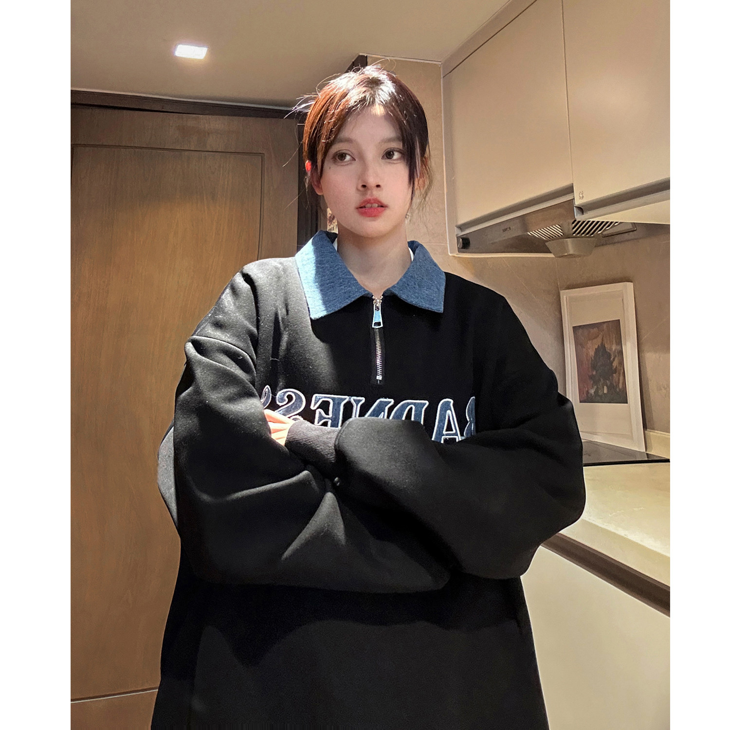 中性风秋装polo领卫衣美式牛仔拼接半拉绣花外套上衣男女H881P68,男装卫衣,电商A341