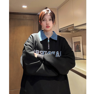 中性风秋装 polo领卫衣美式牛仔拼接半拉绣花外套上衣男女H881P68图片