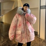 情侣装冬装涂鸦熊大毛领加厚情侣衣外套H577P138控168女类，女装棉衣/棉服，电商A341