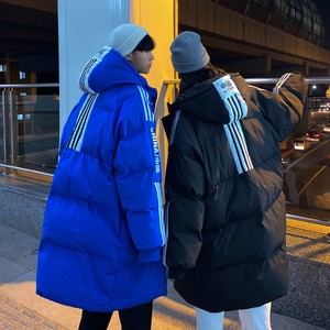 情侣装冬装 克莱因蓝连帽拼接印花长款情侣棉衣外套 H591P168女类图片