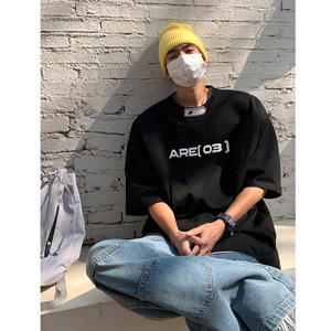 2023新品潮宽松大码机车风印花情侣短袖短袖T恤衫上衣H836P35,下身杏色裙上衣搭配什么好图片