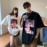 情侣装夏装美式复古人像印花情侣短袖T恤衫宽松上衣H740P30女类，男装T恤，电商A341
