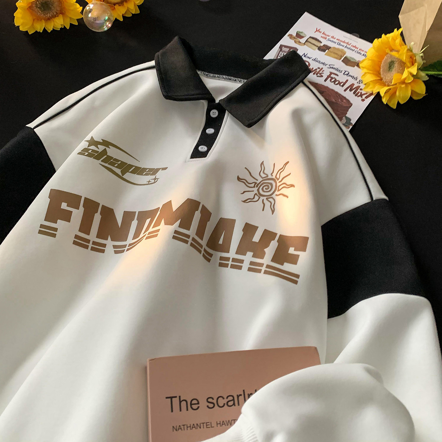 港风摆拍秋装polo领运动风印花卫衣撞色上衣外套男女H807P68,男装卫衣,电商A341