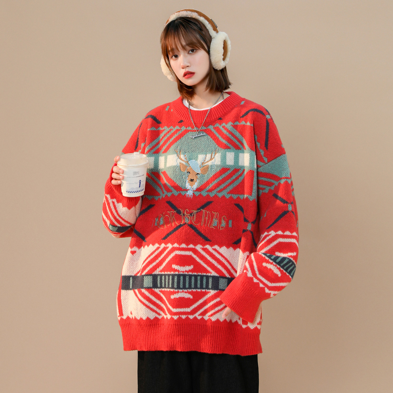 主推中性风冬装圣诞小鹿绣花情侣毛衣加厚外套H696P78男类，男装针织衫/毛衣，电商A341