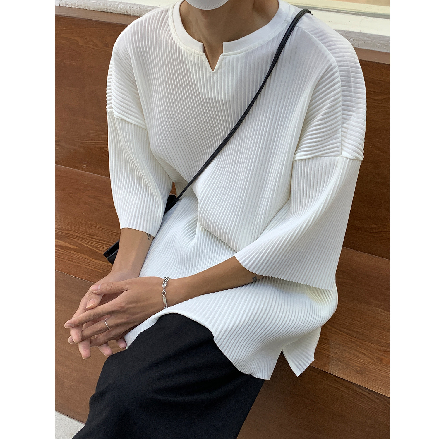 2023高级港V领褶皱垂感冰丝短袖T恤衫男宽松上衣H835P35，男装T恤，电商A341