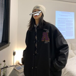 情侣装秋装 毛呢拼接PU皮棒球服情侣夹克外套 H572 P118 男类图片