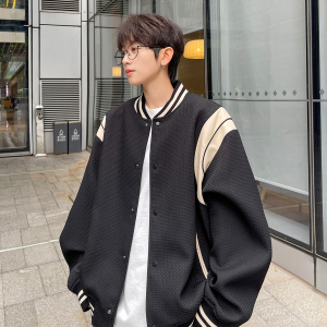 主推港风小香风棒球服撞色拼接PU皮外套复古夹克男H873P108