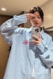 中性秋装美式ins宽松情侣浅蓝色条纹刺绣衬衫外套男女H874P58，男装衬衫，电商A341