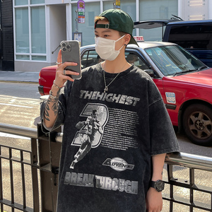高克重280克 美式高街水洗做旧印花短袖T恤潮宽松男 H817 P38男图片