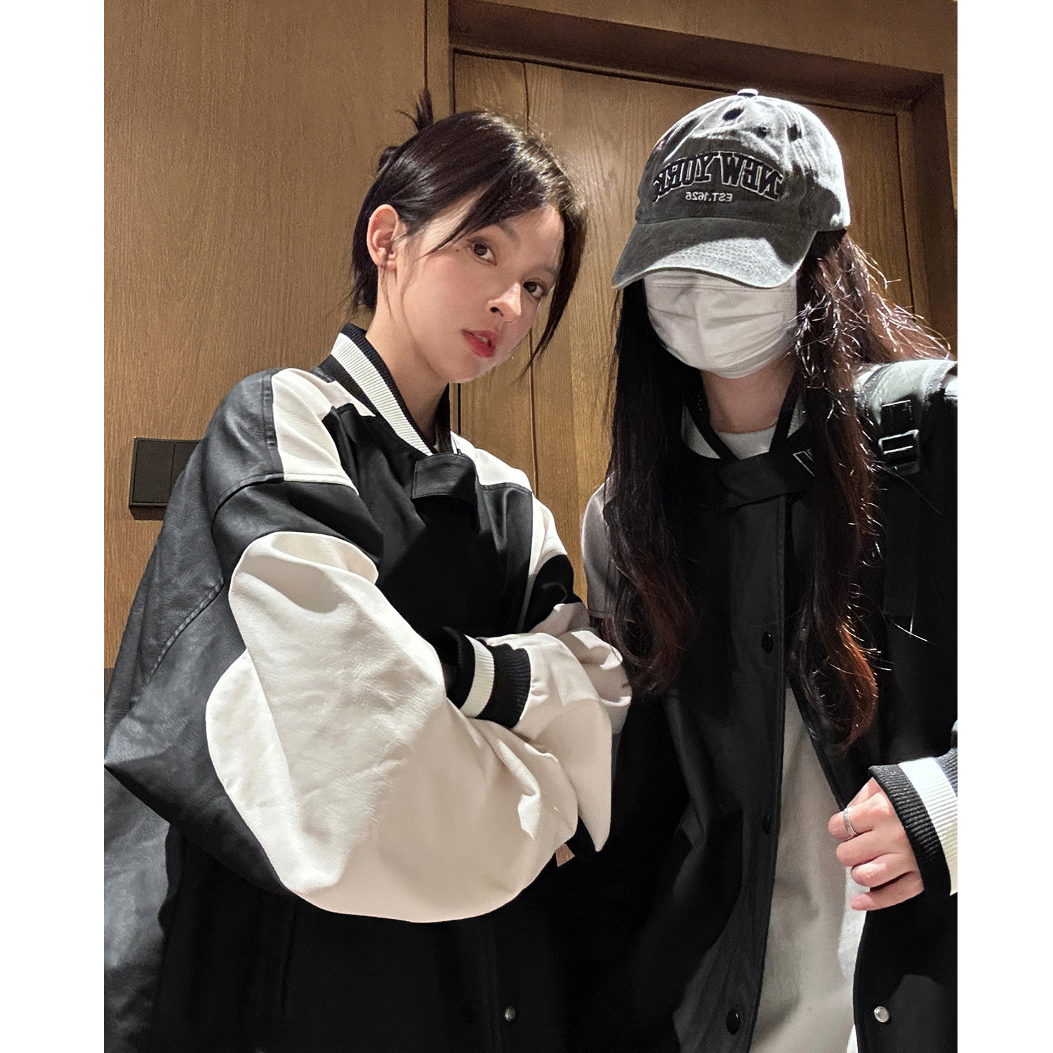 中性风秋装 美式复古撞色机车皮衣棒球服夹克外套男女H887 P108图片