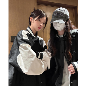 中性风秋装 美式复古撞色机车皮衣棒球服夹克外套男女H887 P108图片