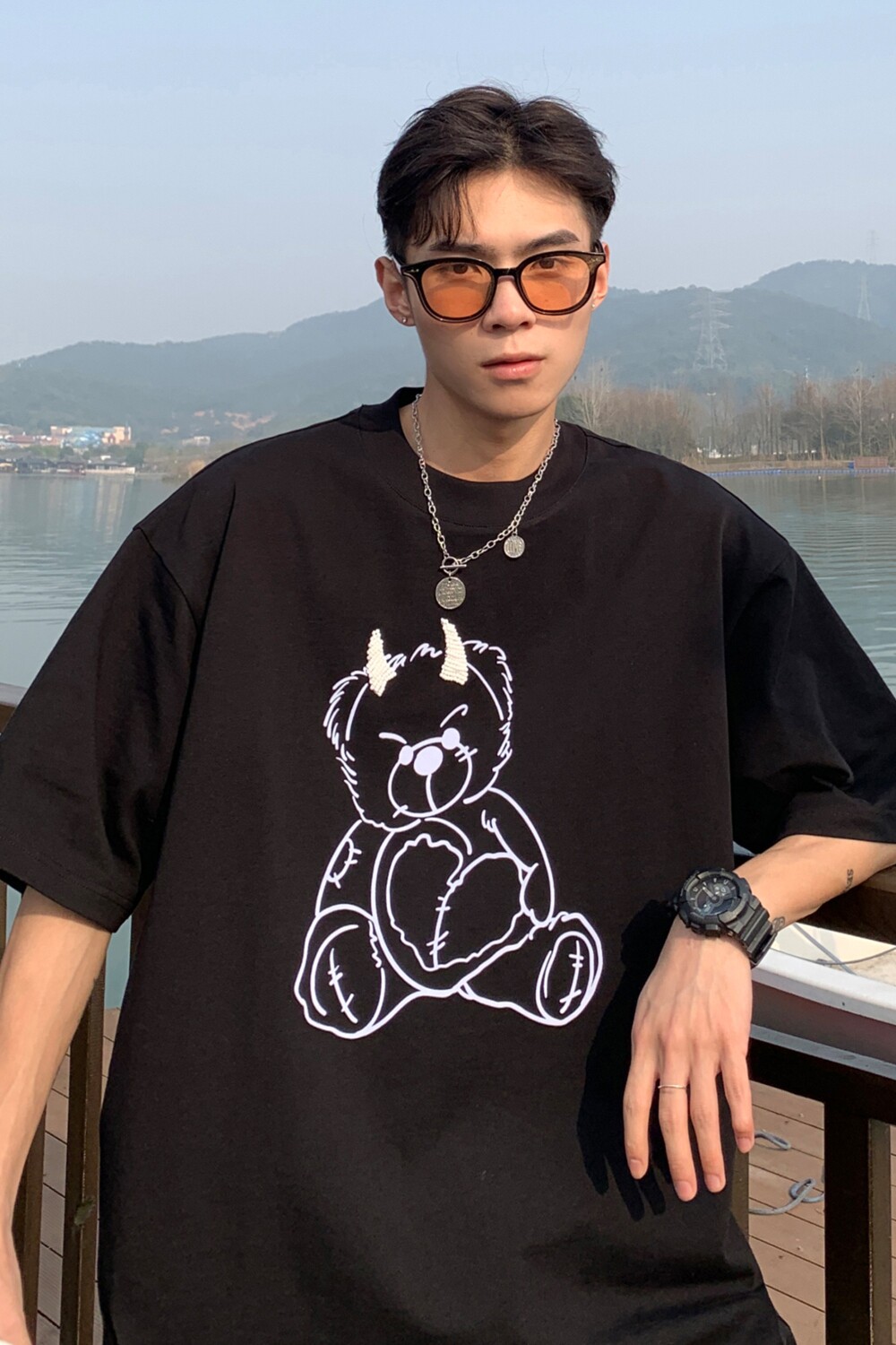 港风夏装小熊印花珍珠烫钻情侣短袖T恤大码上衣H732P35男类,男装T恤,电商A341