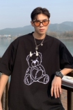 港风夏装小熊印花珍珠烫钻情侣短袖T恤大码上衣H732P35男类，男装T恤，电商A341