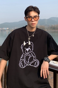 港风夏装 小熊印花珍珠烫钻情侣短袖T恤大码上衣 H732 P35 男类图片