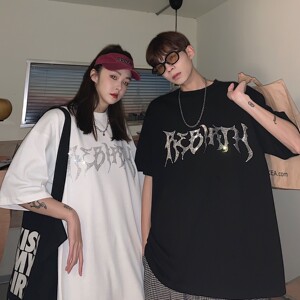 情侣装夏装高街烫钻闪亮和平字母宽松情侣短袖T恤大码H716P38女类图片