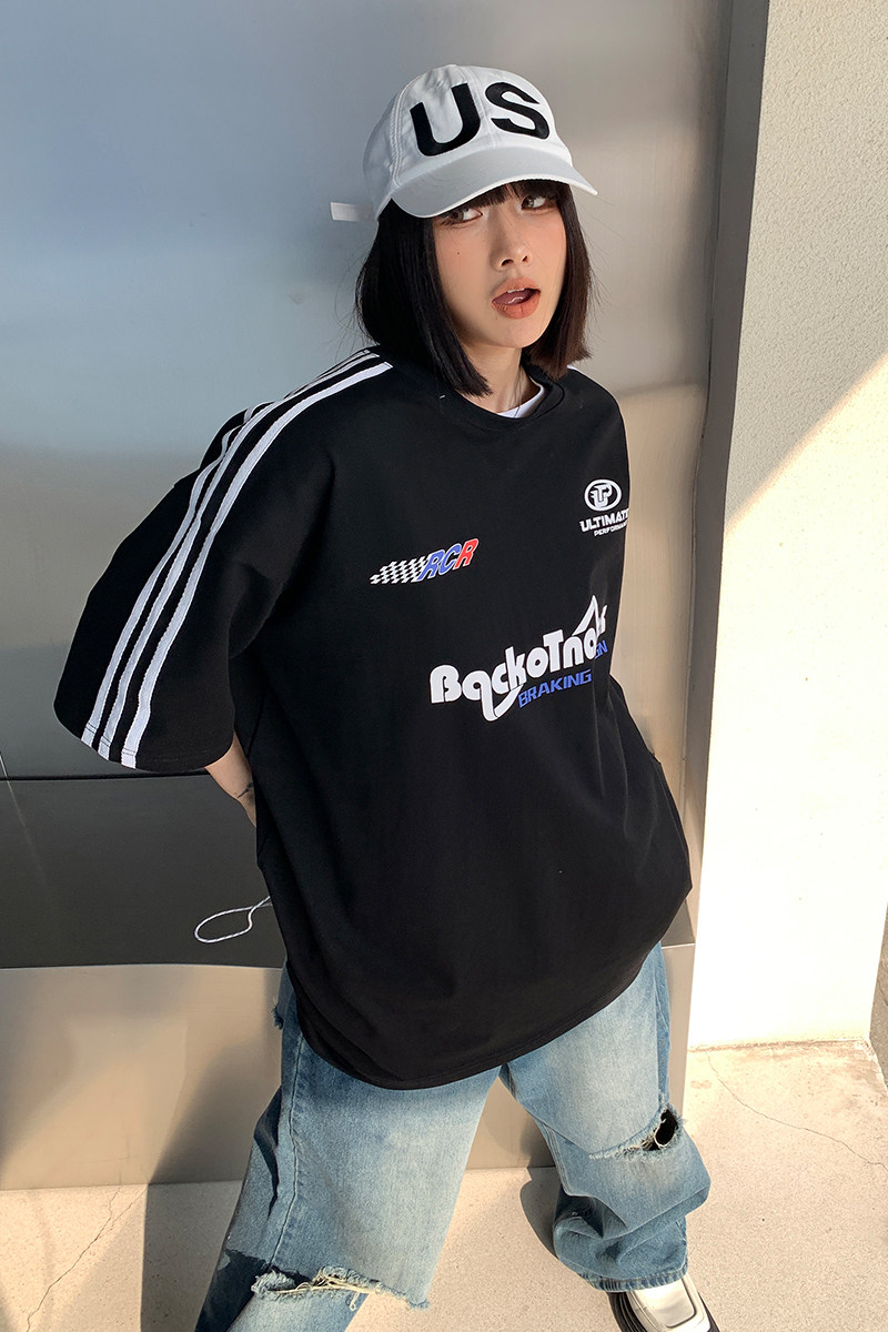 23中性高街赛车服织带情侣印花短袖T恤衫宽松运动服男女H829P38,男装T恤,电商A341
