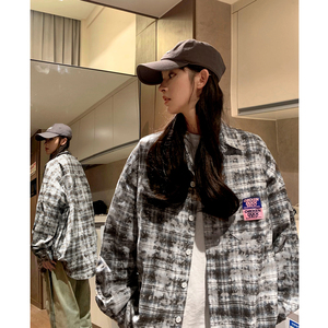 中性风 秋装美式宽松长袖格子情侣衬衫小香风扎染外套男女H861P58图片